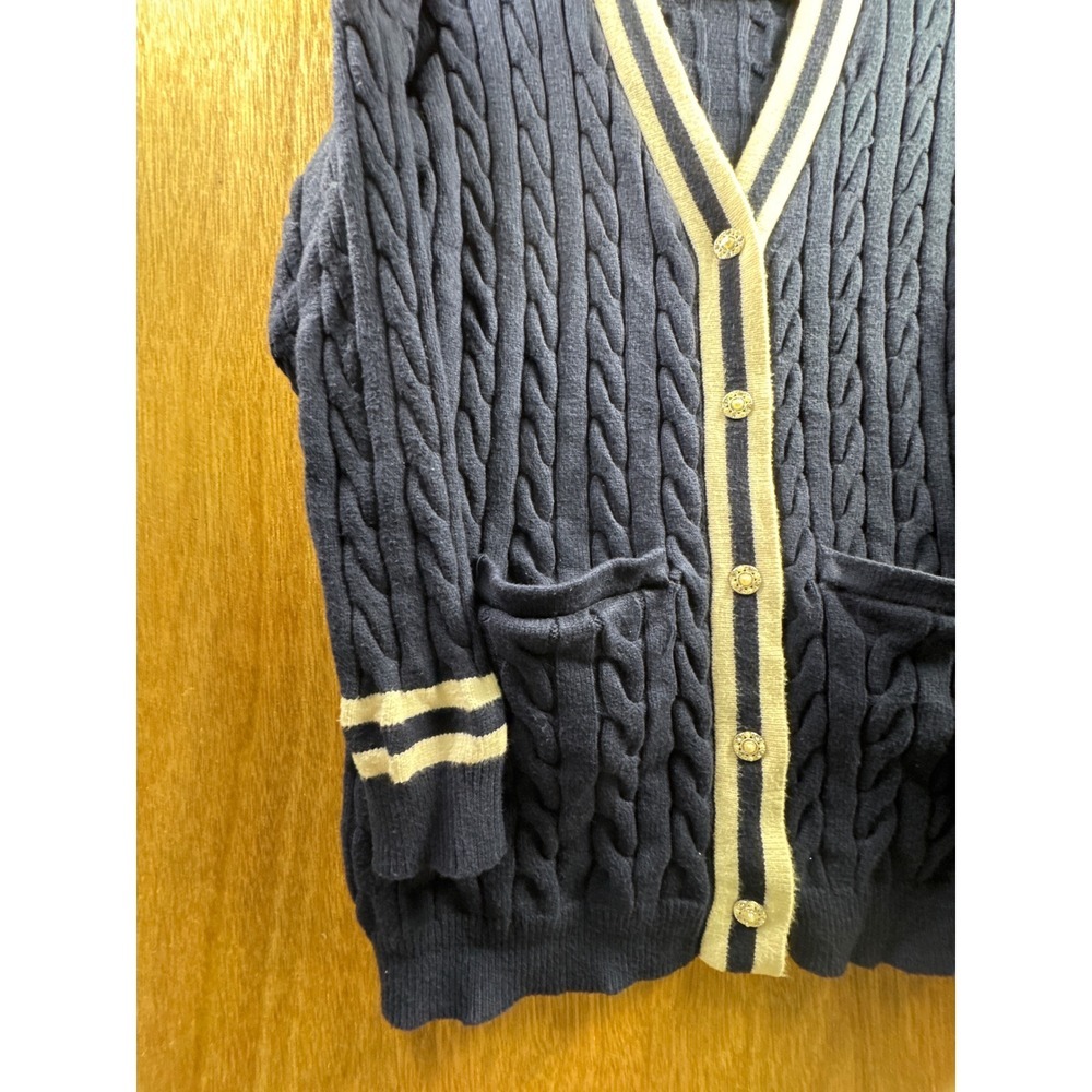 Fashion Nova Cardigan Sweater Womens Size M Navy Blue Cable Knit Varsity Stripe - Picture 5 of 10
